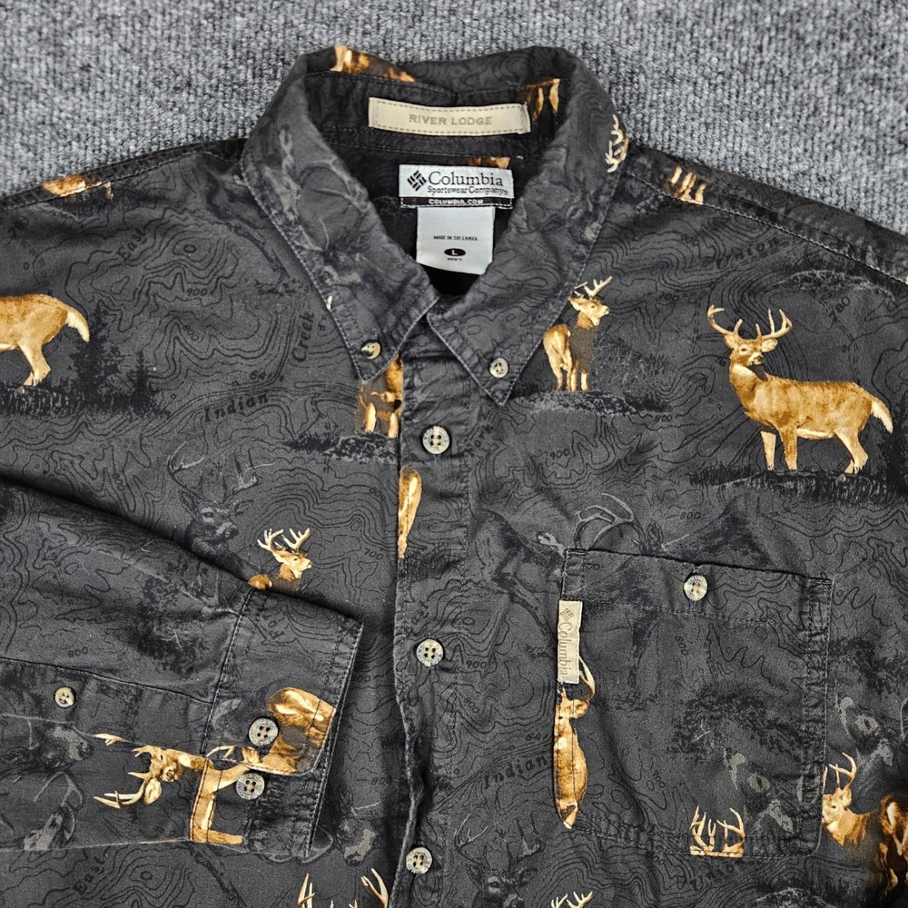 Columbia River Lodge Deer Button Up Shirt Mens L Deer All Over Print Long Sleeve